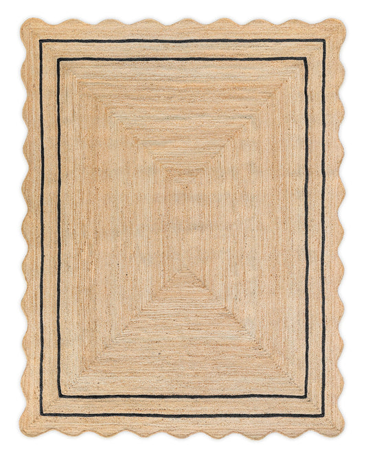 Vintage Jute Area Rug Decor Braided Rectangular Scalloped Vintage Carpet with Multi Border